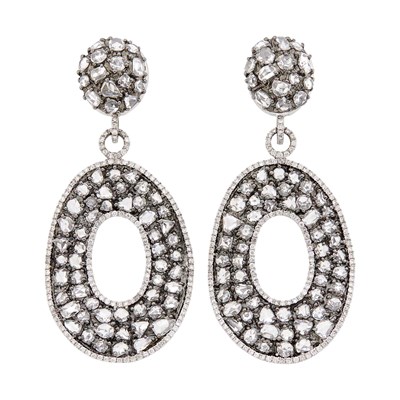 Lot 60 - Pair of White and Blackened Gold and Diamond Pendant-Earrings