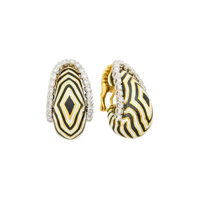 Lot 152 - David Webb Pair of Gold, Platinum, Black and White Enamel and Diamond J-Hoop Earclips