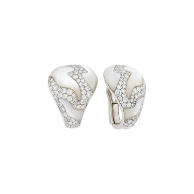 Lot 51 - Pair of White Gold, Mother-of-Pearl and Diamond Earcilps