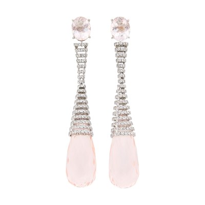Lot 58 - Pair of White Gold, Morganite, Morganite Briolette, and Diamond Pendant-Earrings