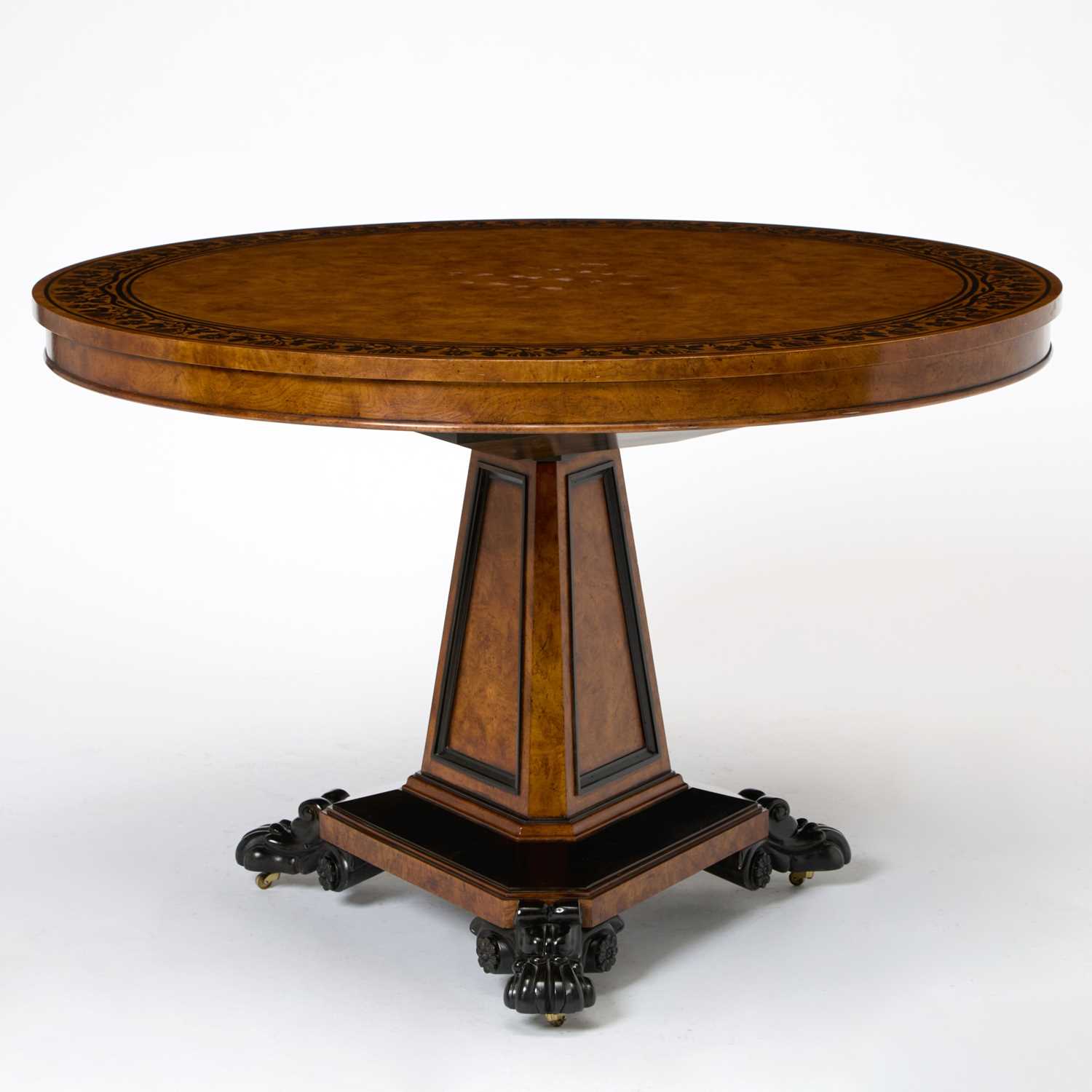 Lot 615 - Baker Regency Style Ebony Inlaid Burl Ash Center Table