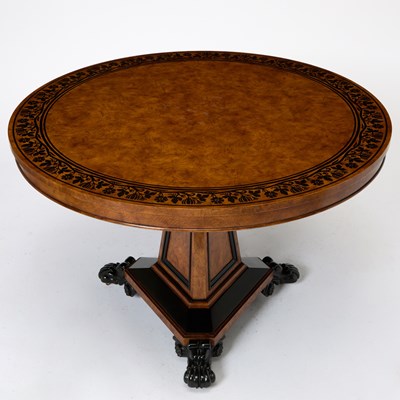 Lot 615 - Baker Regency Style Ebony Inlaid Burl Ash Center Table