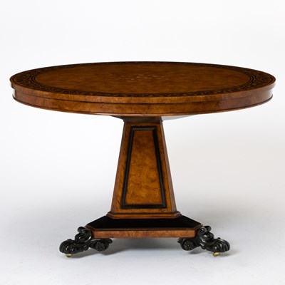 Lot 615 - Baker Regency Style Ebony Inlaid Burl Ash Center Table
