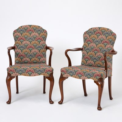 Lot 616 - Pair of George II Style Upholstered Mahogany Armchairs