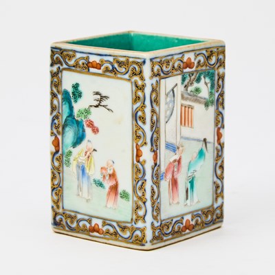 Lot A Chinese Diminutive Enameled Porcelain Square-Form Brush Pot