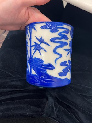 Lot 164 - A Chinese Blue Overlay White Glass Brush Pot, Bitong