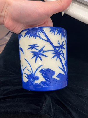 Lot 164 - A Chinese Blue Overlay White Glass Brush Pot, Bitong