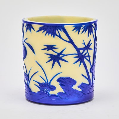 Lot 164 - A Chinese Blue Overlay White Glass Brush Pot, Bitong