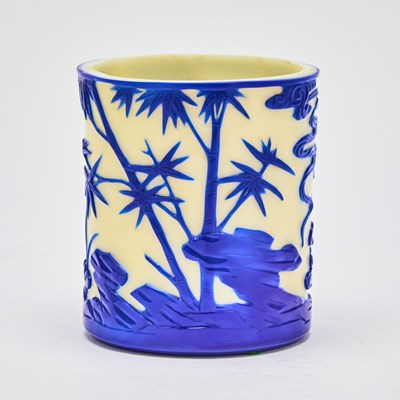 Lot 164 - A Chinese Blue Overlay White Glass Brush Pot, Bitong