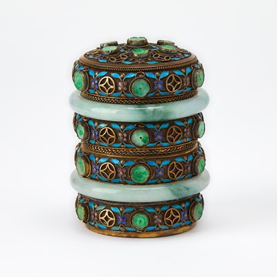 Lot 501 - A Chinese Jade, Silver and Enamel Covered Box