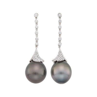 Lot 57 - Pair of White Gold, Diamond and Tahitian Gray Cultured Pearl Pendant-Earrings