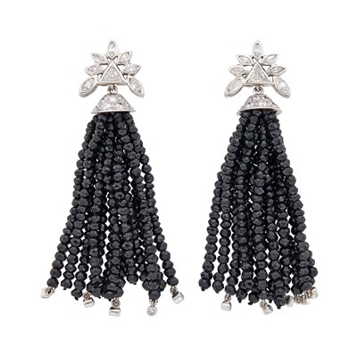 Lot 1058 - Pair of Platinum, Black Spinel and Diamond Tassel Pendant-Earclips