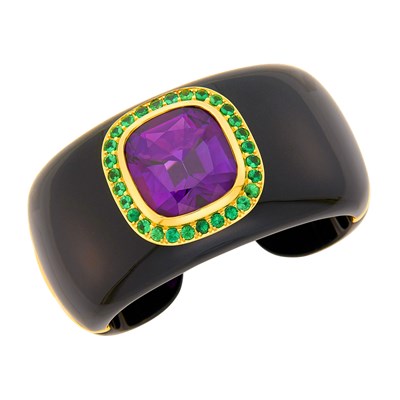 Lot 26 - Margot McKinney Black Jade, Gold, Amethyst and Tsavorite Garnet Cuff Bangle Bracelet