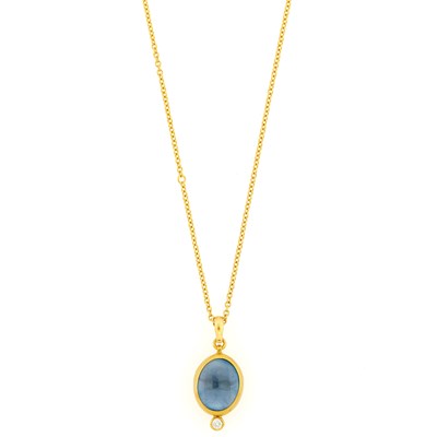 Lot 1007 - Gurhan Gold, Cabochon Blue Topaz and Diamond Pendant with Chain Necklace