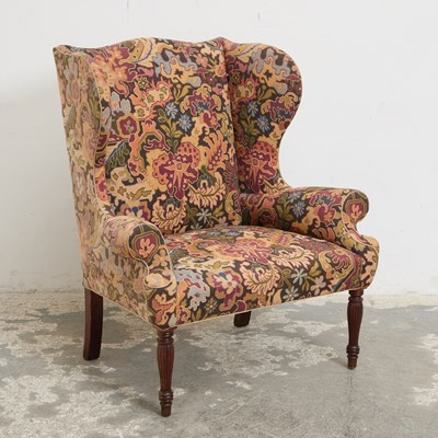 Lot 14 - Regency Style Upholstered Mahogany Wing Chair