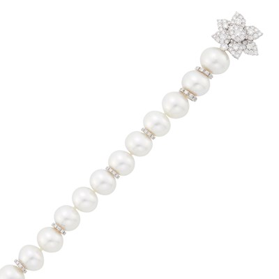 Lot 35 - White Gold, South Sea Cultured Pearl and Diamond Bracelet