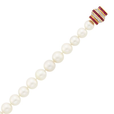 Lot 1023 - South Sea Cultured Pearl Bracelet with Two-Color Gold, Ruby and Diamond Clasp