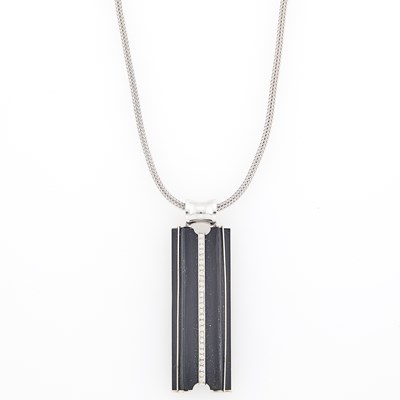 Lot 1056 - White Gold, Obsidian and Diamond Pendant with Chain Necklace