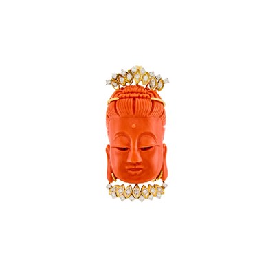 Lot 1180 - Two-Color Gold, Carved Coral and Diamond Buddha Pendant-Brooch