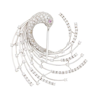 Lot 45 - White Gold, Diamond and Pink Sapphire Bird Clip-Brooch