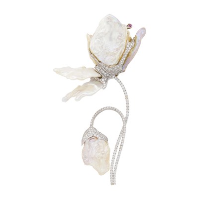 Lot 52 - Oversized White Gold, Baroque Freshwater Pearl, Diamond and Pink and White Sapphire Flower Clip-Brooch