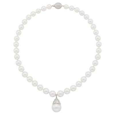 Lot 146 - South Sea Cultured Pearl and Diamond Pendant-Necklace