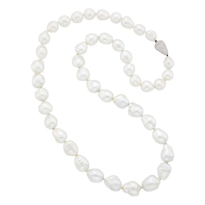 Lot 139 - Long Baroque South Sea Cultured Pearl Necklace with White Gold and Diamond Clasp