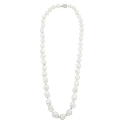 Lot 139 - Long Baroque South Sea Cultured Pearl Necklace with White Gold and Diamond Clasp
