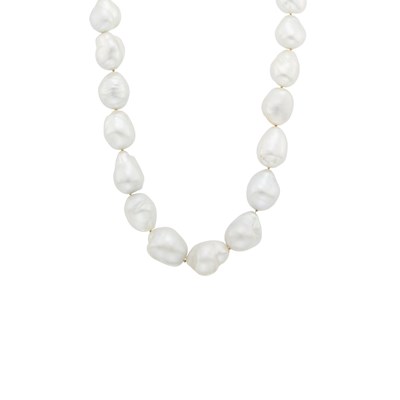 Lot 139 - Long Baroque South Sea Cultured Pearl Necklace with White Gold and Diamond Clasp