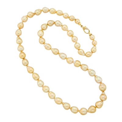 Lot 1253 - Dyed Golden Baroque Cultured Pearl Necklace with Gold and Diamond Clasp