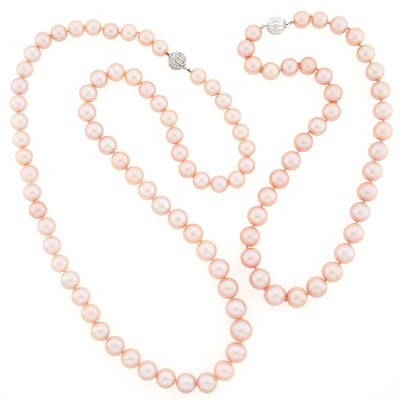 Lot 1066 - Two Dyed Pink Freshwater Pearl Necklaces with White Gold Clasps