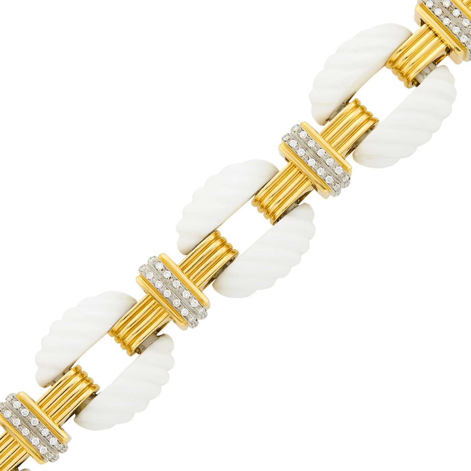 Lot 154 - Two-Color Gold, Fluted White Ceramic and Diamond Link Bracelet