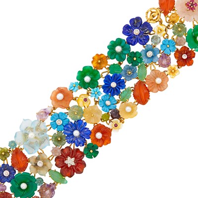 Lot 17 - Wide Two-Color Gold, Carved Stone, Cultured Pearl, Ruby and Diamond Bracelet