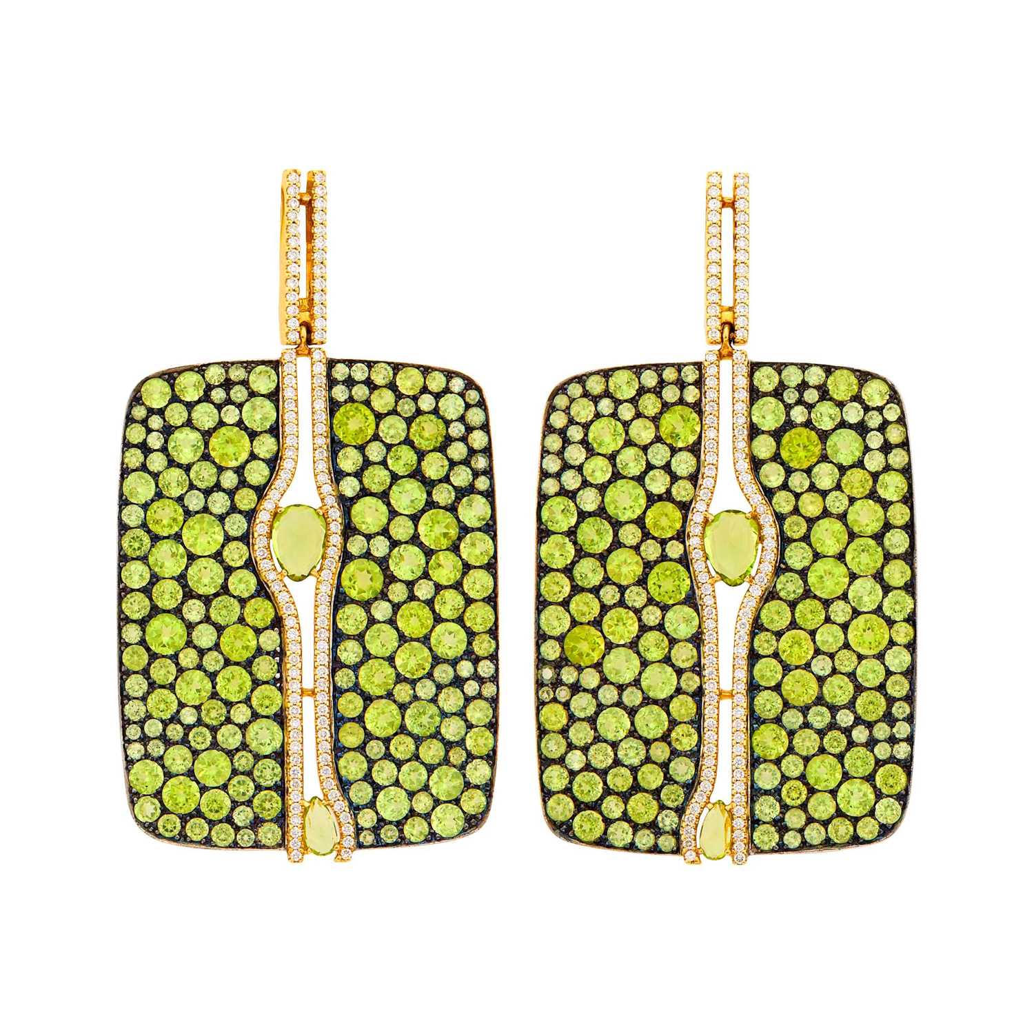 Lot 9 - Pair of Tricolor Gold, Peridot and Diamond Pendant-Earrings