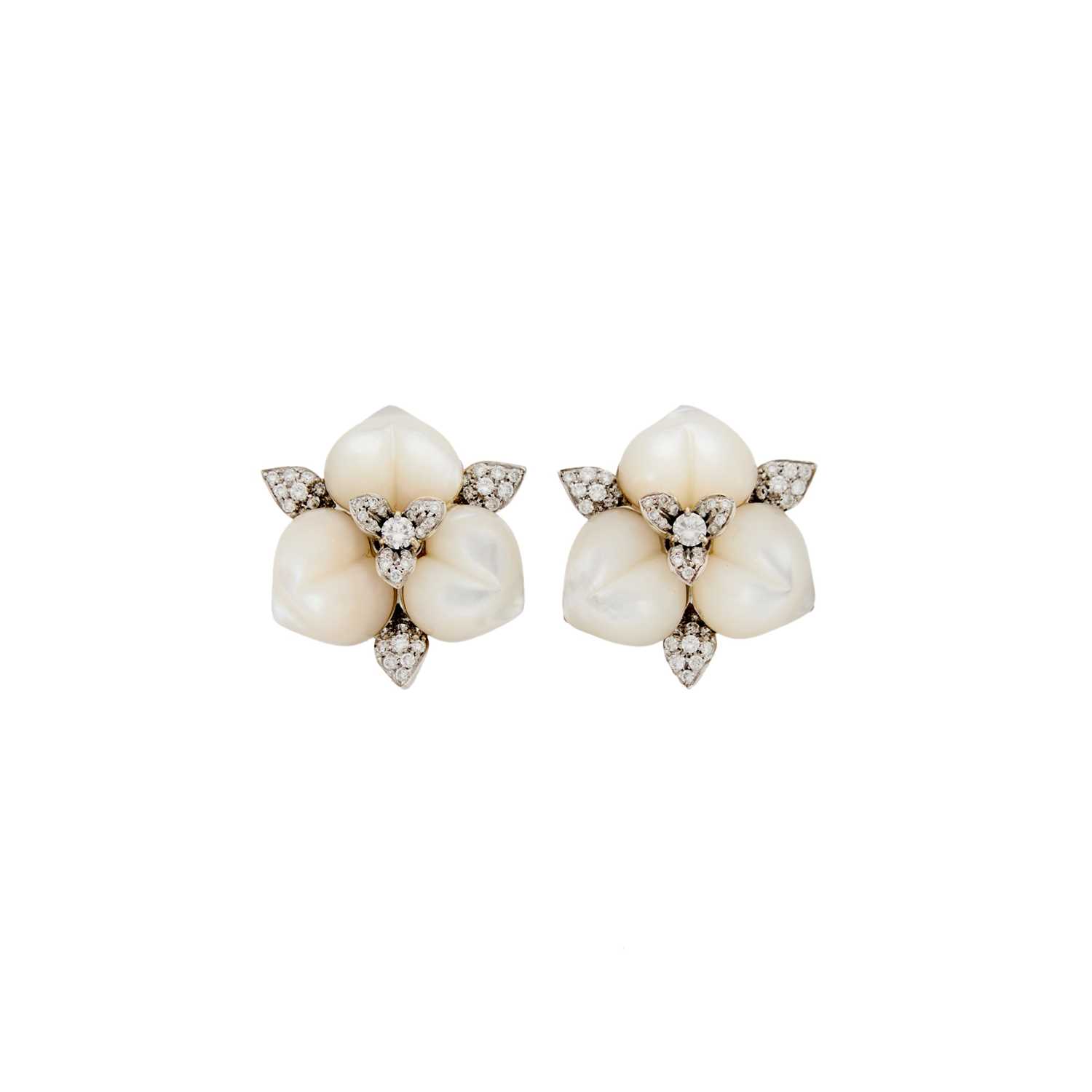 Lot 1109 - Pair of White Gold, Mother-of-Pearl and Diamond Flower Earclips