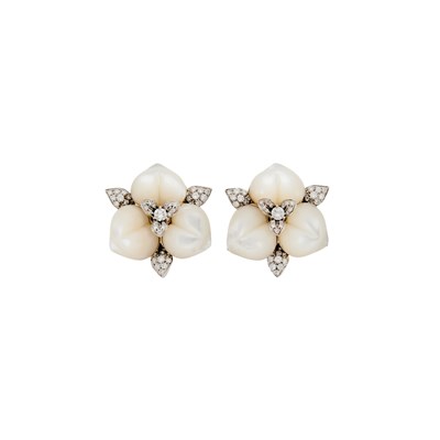 Lot 1109 - Pair of White Gold, Mother-of-Pearl and Diamond Flower Earclips