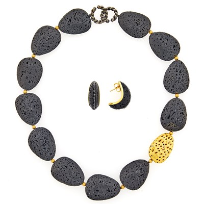 Lot 1258 - Pair of Gold, Lava and Black Diamond Earrings and David Yurman Gold, Silver and Lava Bead Necklace