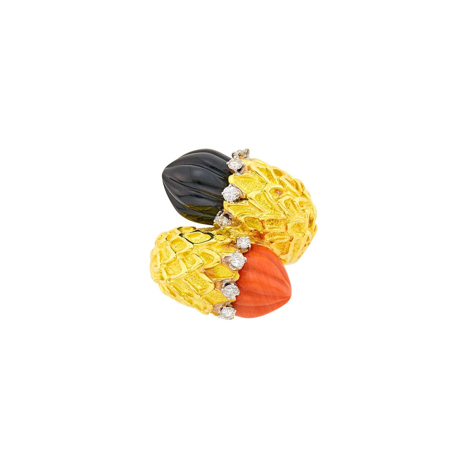 Lot 13 - Gold, Carved Black Onyx and Coral and Diamond Crossover Ring