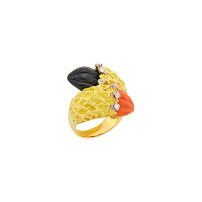 Lot 13 - Gold, Carved Black Onyx and Coral and Diamond Crossover Ring