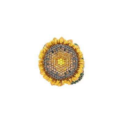 Lot 106 - Alex Soldier Tricolor Gold, Colored Diamond and Chrome Diopside Sunflower Ring