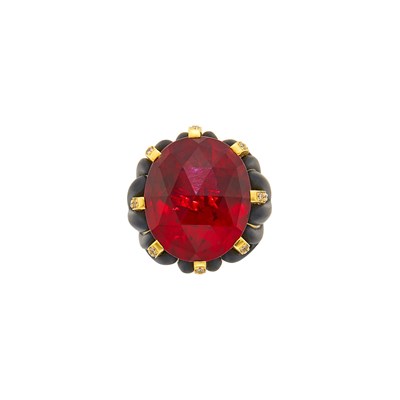 Lot 1250 - Gold, Red Glass, Obsidian and Diamond Ring