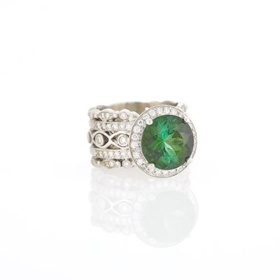 Lot 1046 - White Gold, Green Tourmaline and Diamond Ring