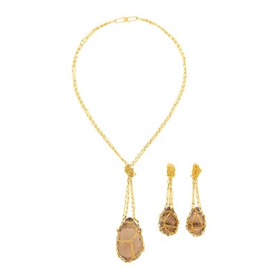 Lot 20 - Armani Gold and Smokey Quartz Briolette Pendant-Necklace and Pair of Pendant-Earrings