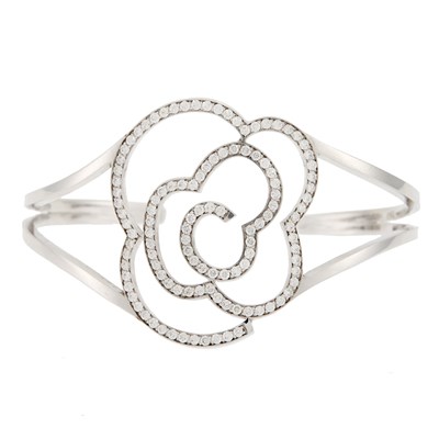 Lot 2081 - White Gold and Diamond Flower Bangle Bracelet