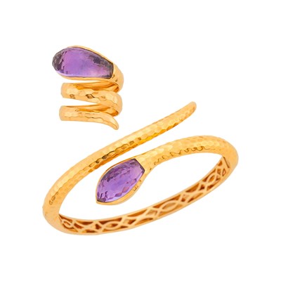 Lot 7 - Roberto Coin Hammered Gold and Amethyst Snake Bangle Bracelet and Ring