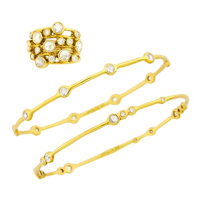 Lot 1018 - Ippolita Pair of Gold and Diamond Bangles and Ring