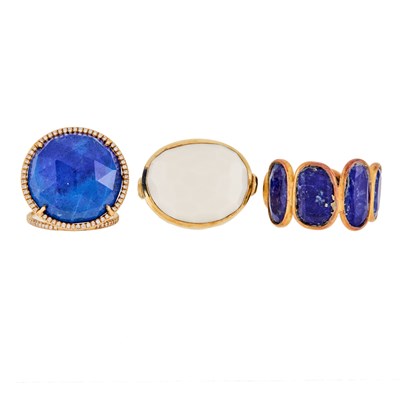 Lot 2246 - Three Gold, Lapis, White Hardstone and Diamond Rings