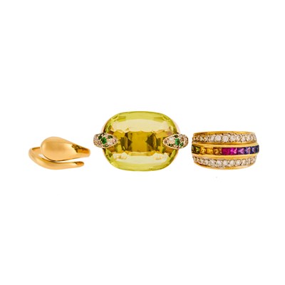 Lot 2258 - Pair of Gold, Gem-Set and Diamond Rings and Ilias Lalaounis Snake Ring