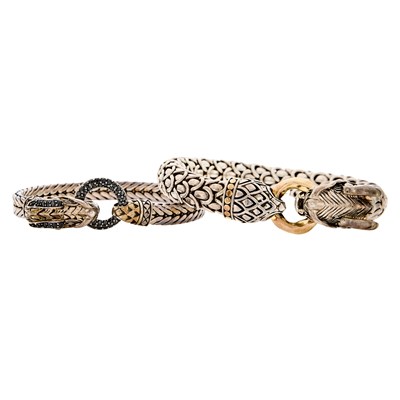 Lot 1246 - John Hardy Pair of Silver, Gold and Black Diamond Dragon Bracelets