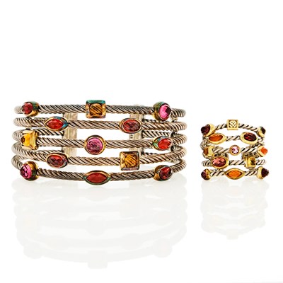 Lot 1244 - David Yurman Silver, Gold and Colored Stone Confetti Five Row Cuff Bracelet and Ring